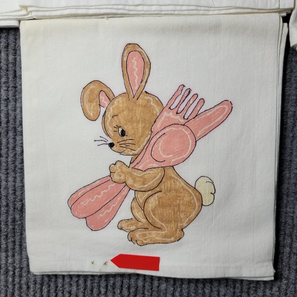 7 Cotton‎ Tea Towels Hand Painted with Bunny Easter Rabbits